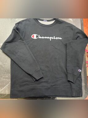 Champion Black Crewneck with White Script and Red Logo Accent